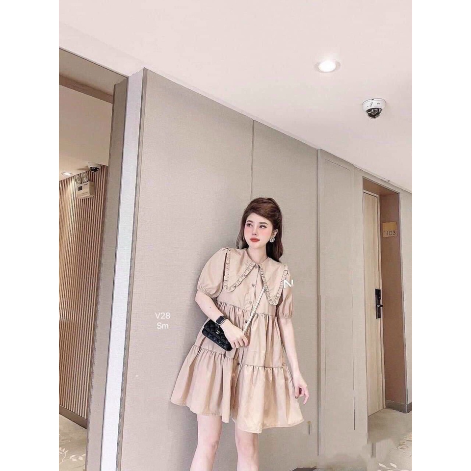 Đầm von lụa baby cổ bẻ chữ v ngắn tay