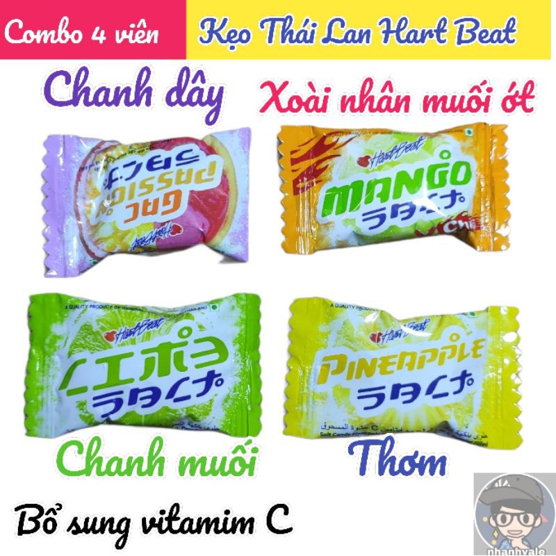 Combo 4 viên Kẹo Thái Lan Hart Beat xoài muối ớt, Chanh dây, Chanh muối, Thơm
