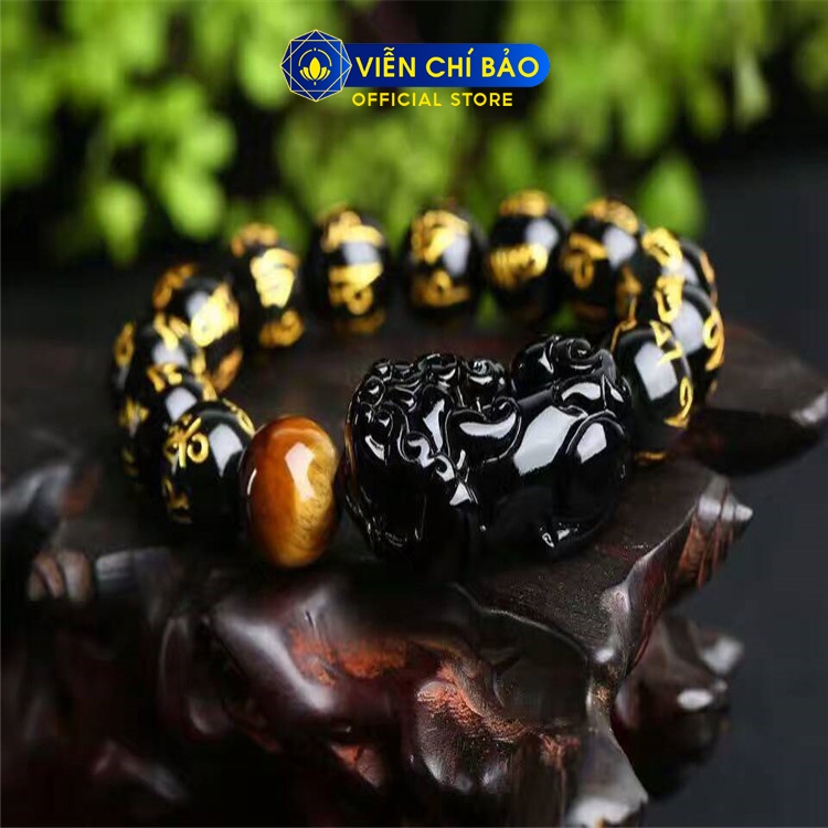 Vòng tay đá phong thủy Tỳ Hưu đen khắc Kinh Phật chữ vàng thời trang phụ kiện trang sức Viễn Chí Bảo V000461