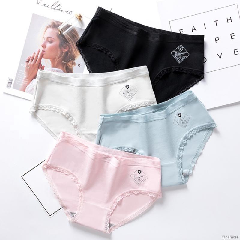 Fashion Japanese No Trace Cotton Antibacterial Mid-waist Abdomen Lace Side Girls Underwear Briefs