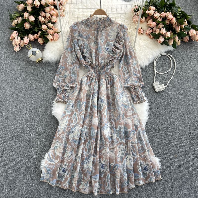 Đầm hoa vintage dài tay, váy hoa tay bồng tiểu thư