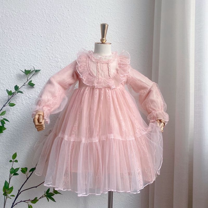Đầm Công Chúa Tay Dài Vải Tuyn Thêu Họa Tiết Xinh Xắn Thời Trang Dự Tiệc Cho Bé Gái
