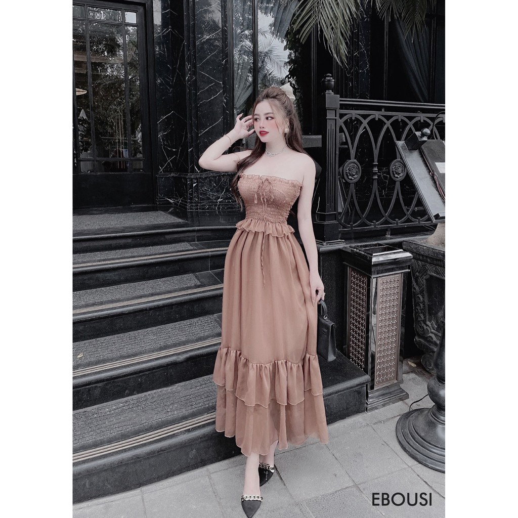 Đầm Maxi Dáng Xòe, Ngực Nhún Bèo Thắt Nơ, Bo Eo Và Đuôi Xòe Bèo 2 Tầng (ETO004) - Vải Tơ - 2 Màu Hồng, Nâu - Mặc Đi Tiệc | BigBuy360 - bigbuy360.vn