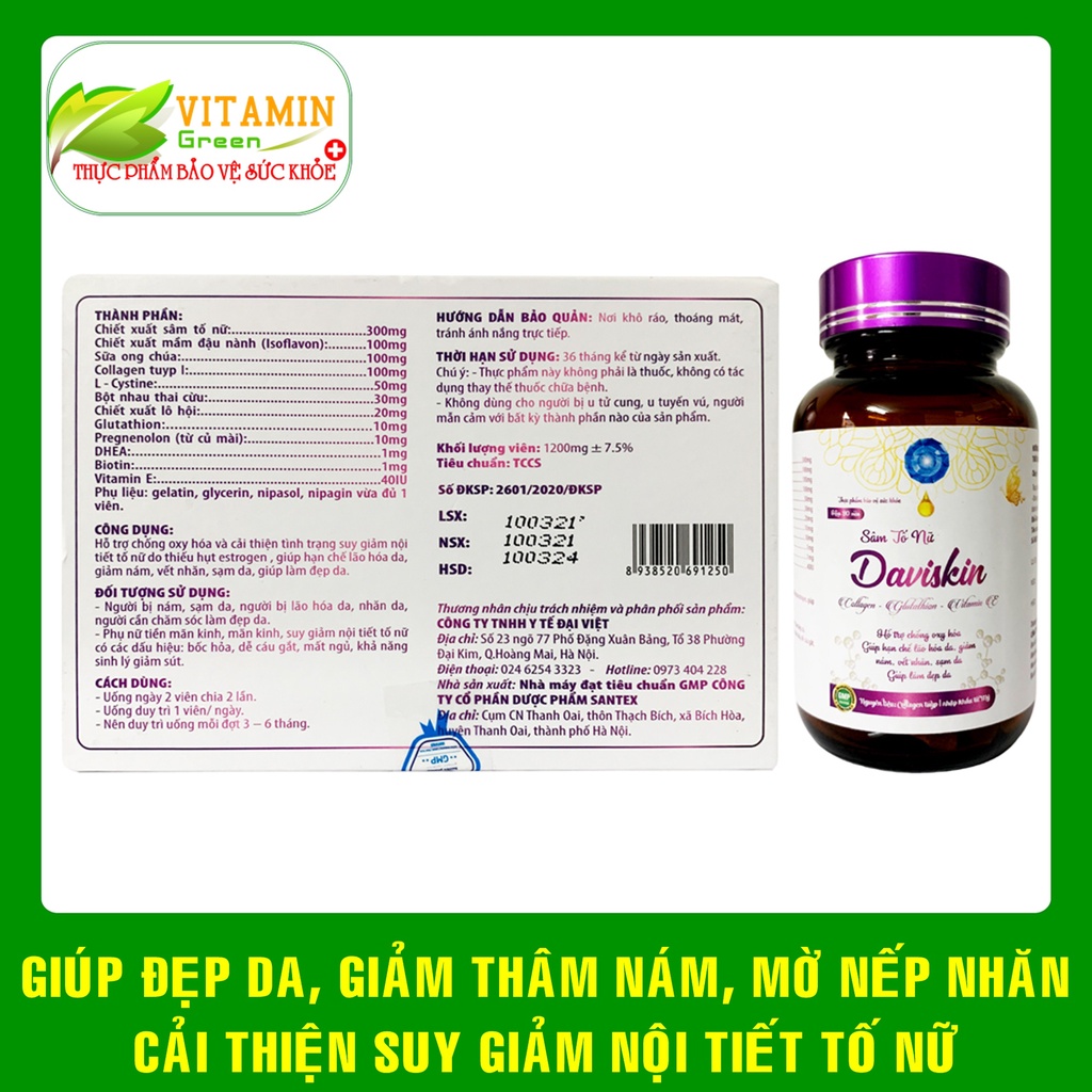 Sâm tố nữ DAVISKIN kết hợp collagen Vitamin E Glutathion mầm đậu nành sữa ong chúa giúp làm đẹp da cân bằng nôi tiết