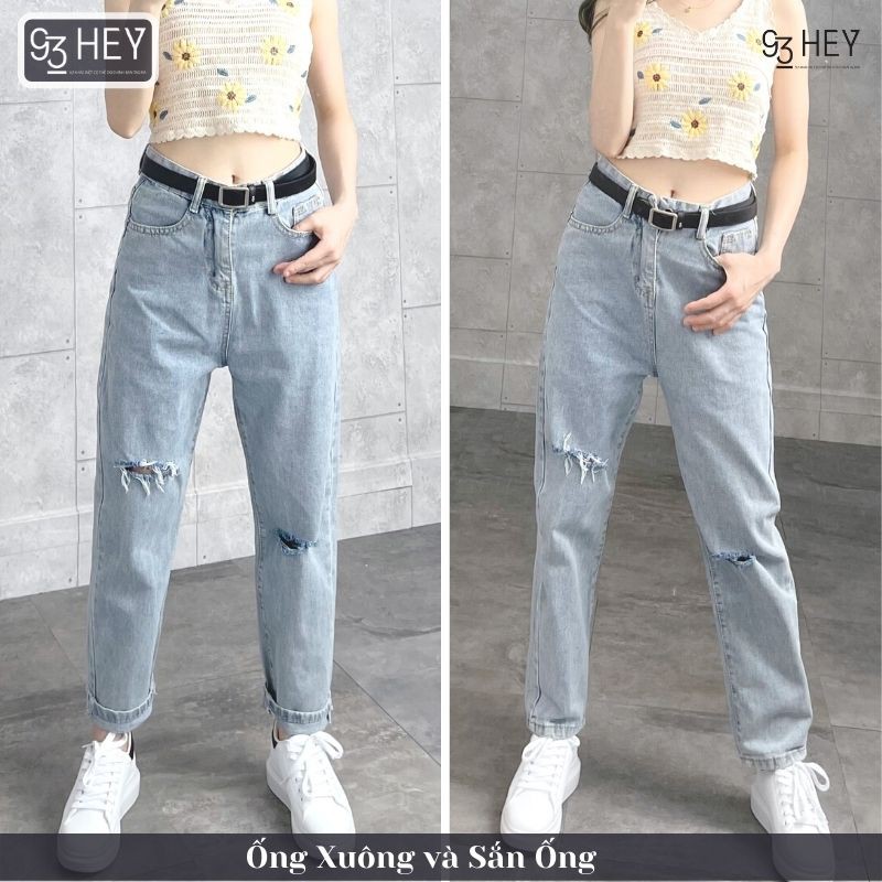 Quần Jean Nữ Rách Gối Cạp Cao Dáng Baggy Màu Xanh Phong Cách Hàn Quốc 93HEY QJ02