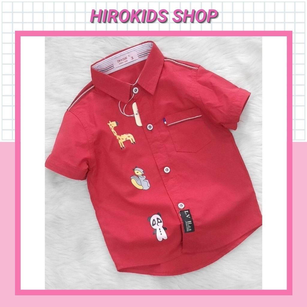 Áo sơ mi bé trai tay ngắn màu trơn hoạ tiết in hình dễ thương (8-23kg) - Hirokids