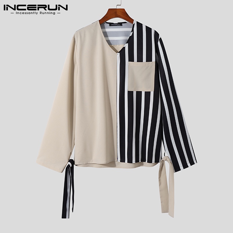 Áo sơ mi INCERUN tay dài cổ chữ v thời trang sành điệu cho nam