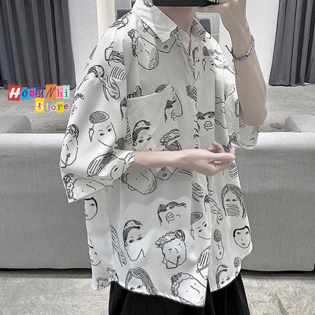 Áo Sơ Mi Họa Tiết Hoạt Hình Tay Lỡ Dáng Rộng Ulzzang Unisex, Sơ Mi Đi Biển - MM