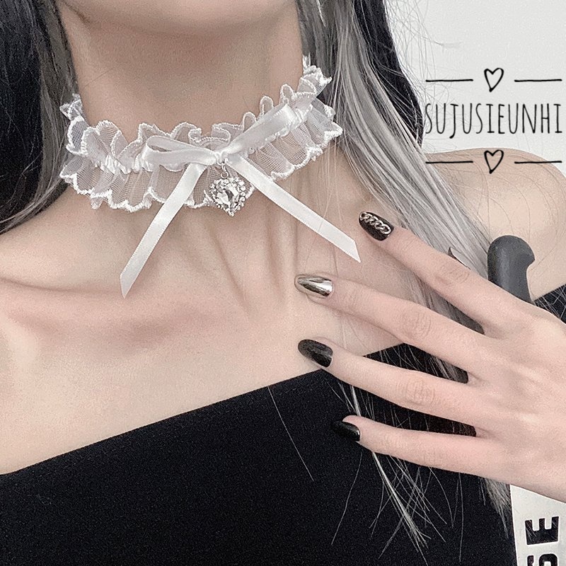 Vòng choker đeo đùi hoặc cổ ren nơ nhỏ đính đá hình tim