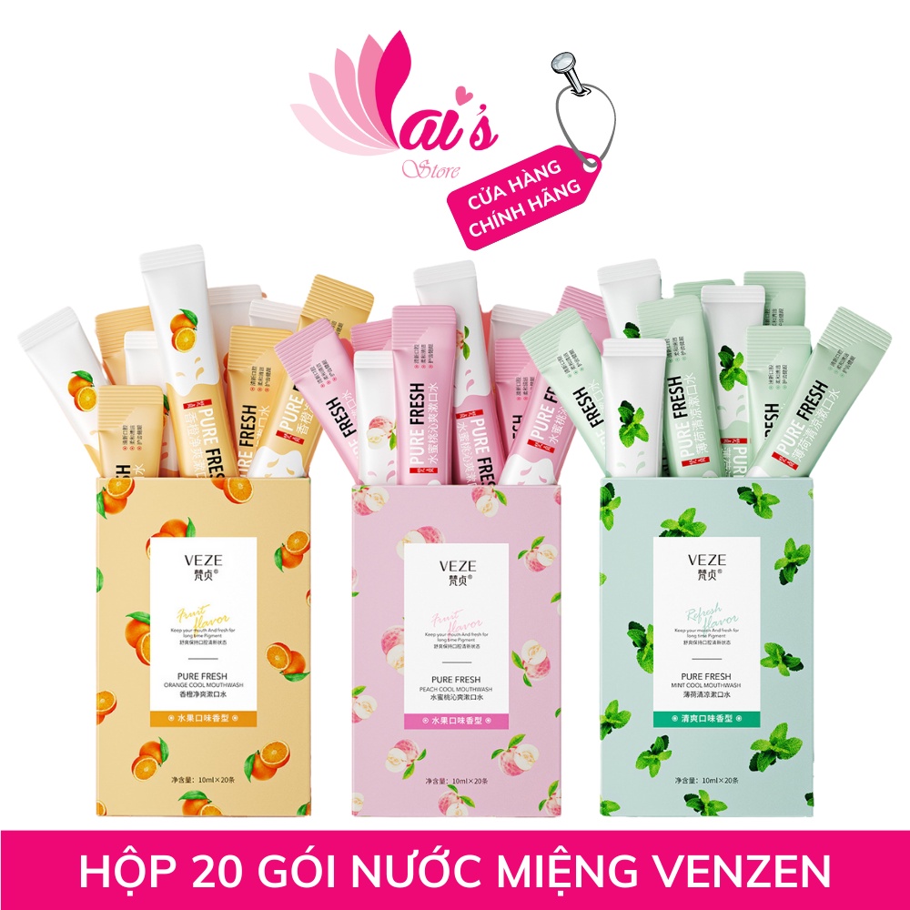 Hộp 20 Gói Nước Súc Miệng Venzen Vị Đào, Cam, Bạc Hà Hơi Thở Thơm Mát Dài Lâu, Loại Bỏ Vết Ố Trên Răng, Hơi thở Có Mùi