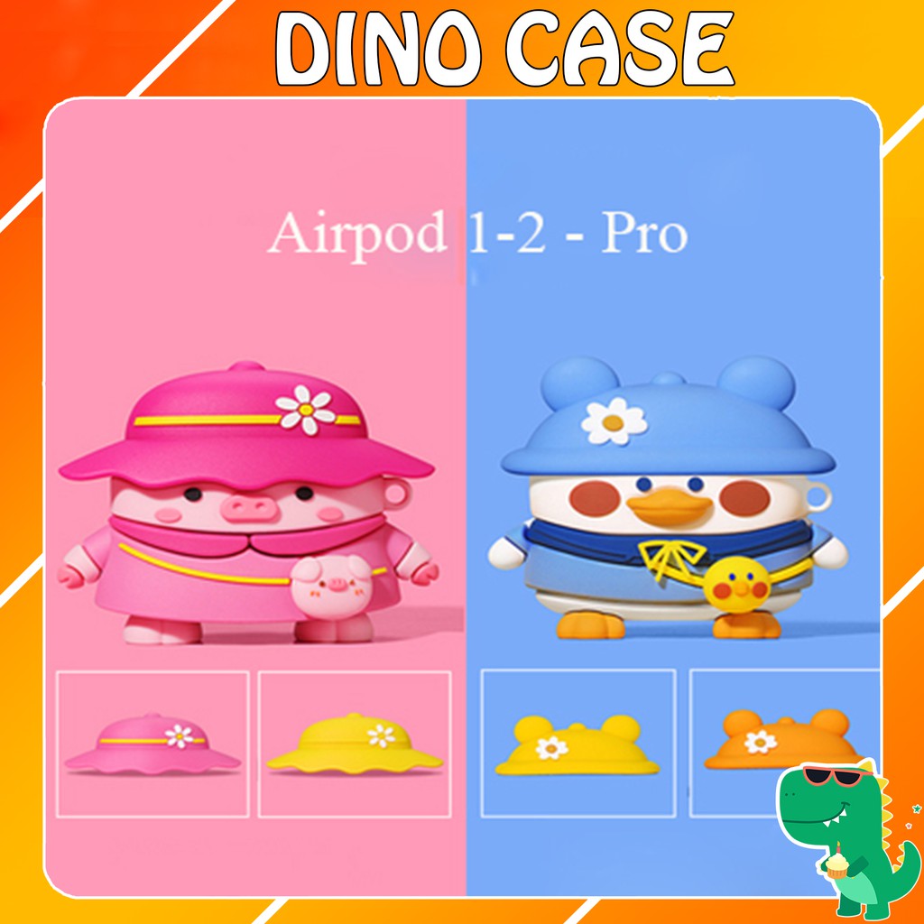 Vỏ bảo vệ đựng tai nghe Airpod 1/Airpod 2/Airpod pro Vịt - Duck  3 mũ Siêu Cute Bằng Sillicone Dẻo  Airpods- Dino Case