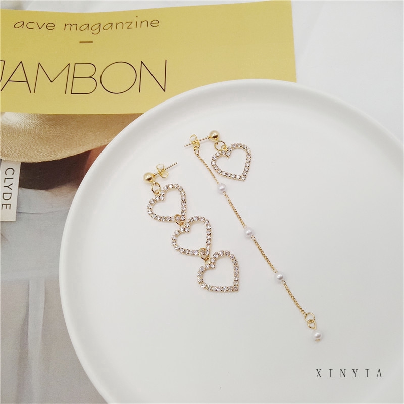 Khuyên Tai Dáng Dài Hình Trái Tim Đính Ngọc Trai Nhân Tạo Thời Trang