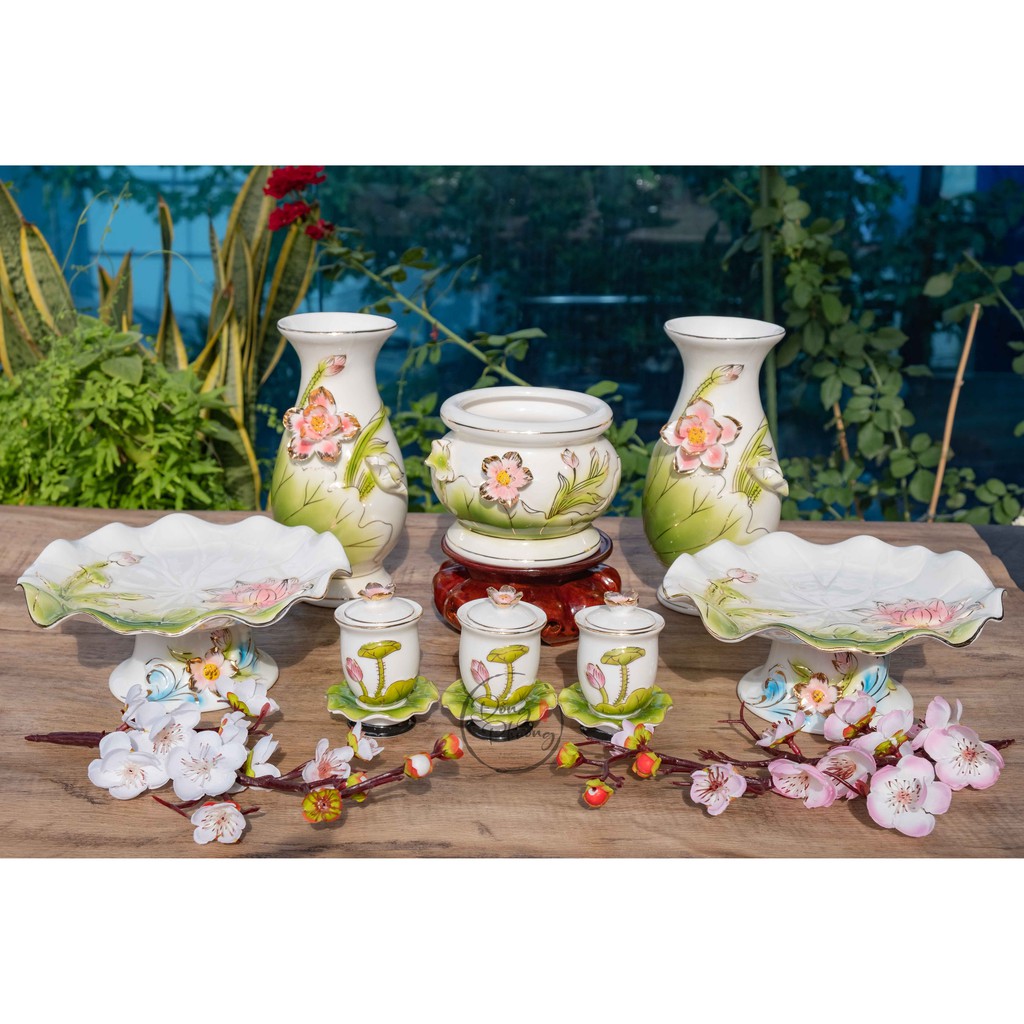 Đĩa Thờ Cúng - Set Đồ Thờ Phụng Bạch Ngọc Kim Sen Xanh Cao Cấp