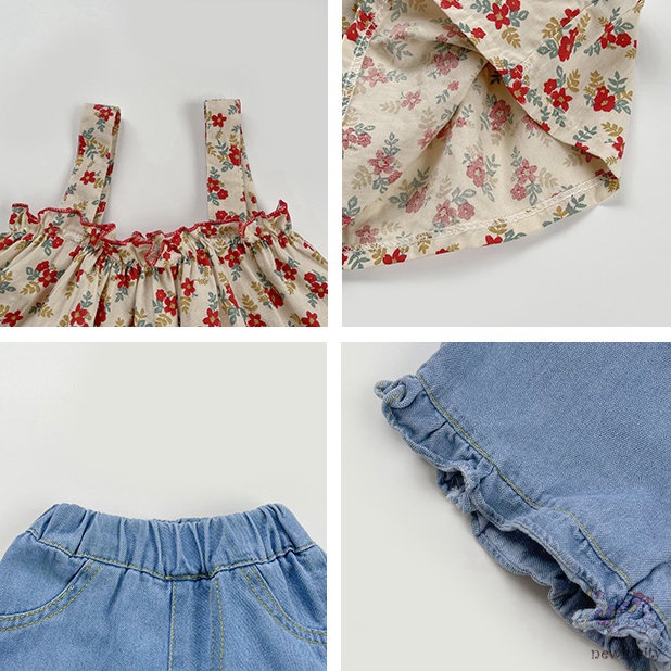 Set Đồ Mùa Hè 2 Món Gồm Áo Hai Dây In Hoa + Quần Ngắn Hàn Quốc Cho Bé Gái