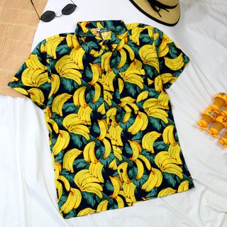 Áo Hawai áo trái cây đi biển mẫu chuối đậm vải kate cotton thoáng mát