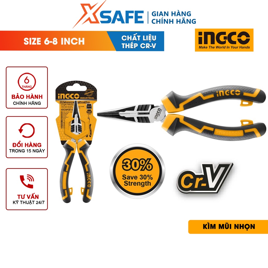 Kìm mũi nhọn mỏ dài INGCO chất liệu thép CR-V, đen bóng, tay cầm hai màu, tiết kiệm 30% sức