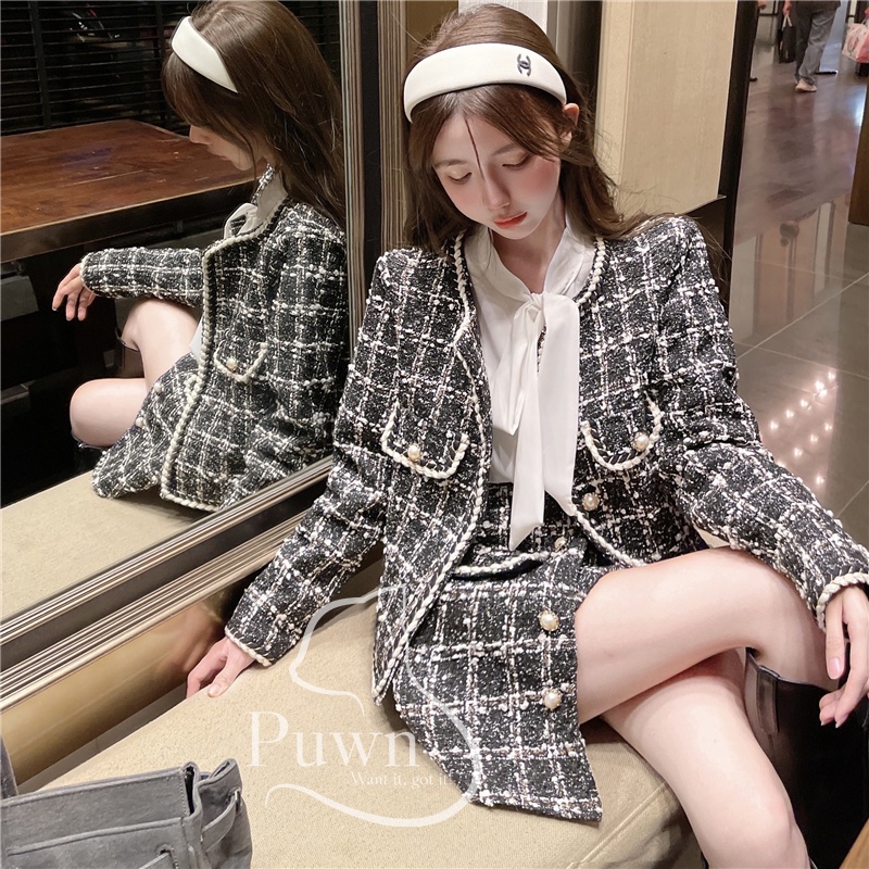 Set váy dạ tiểu thư thanh lịch áo vest kết hợp chân váy xéo Puwn Shop