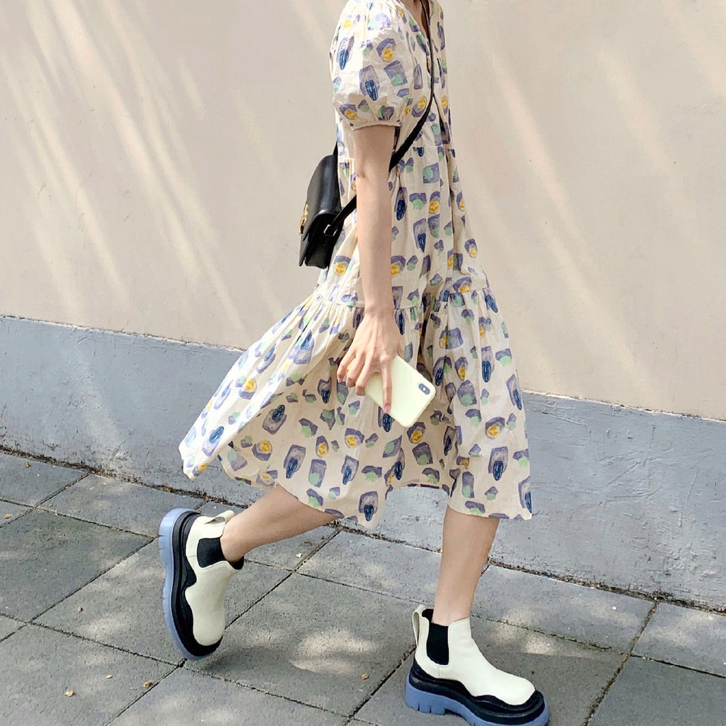 Đầm tay phồng dáng rộng in họa tiết thời trang cho nữ