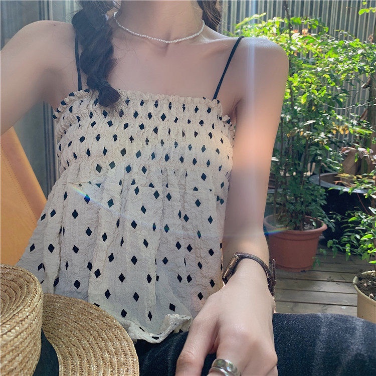 Jiashucheng Áo Ống Ngắn Họa Tiết Chấm Bi Phong Cách Pháp Ngọt Ngào Cho Nữ Sinh