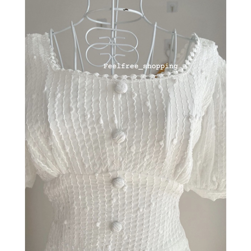 Đầm Trắng Công Chúa Cổ Vuông Nút Bọc Mặc Đi Tiệc, Đi Chơi, Kỷ Yếu (Hình Thật) D014