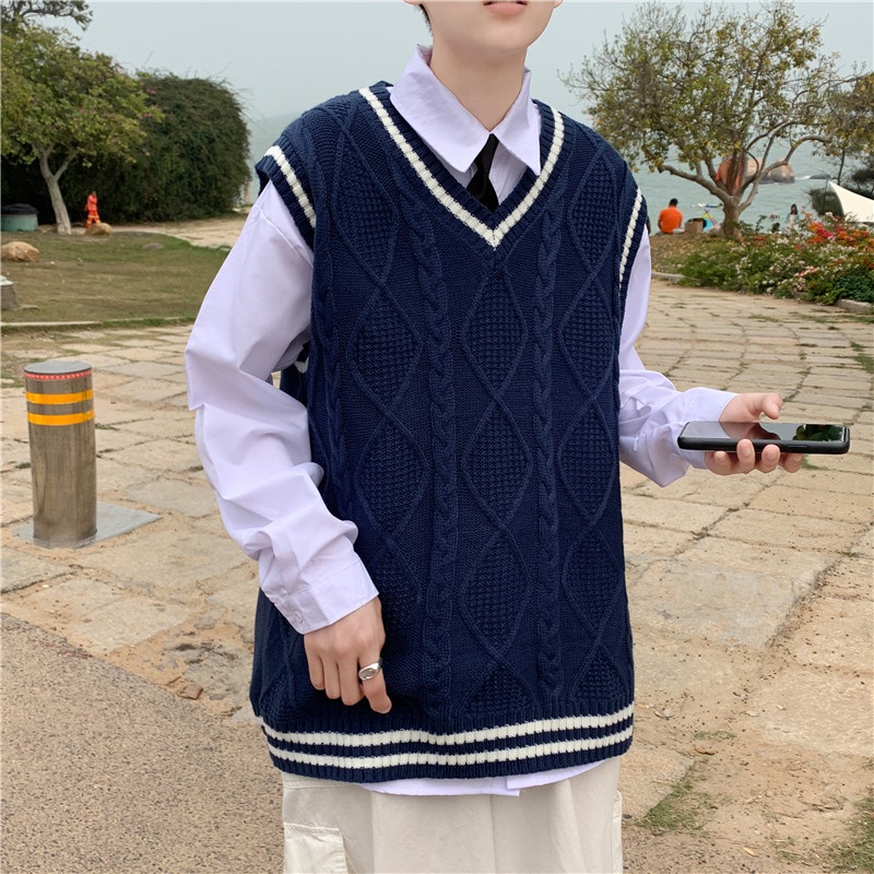 Áo sweater không tay cổ chữ V dáng rộng phong cách mùa thu cho nam