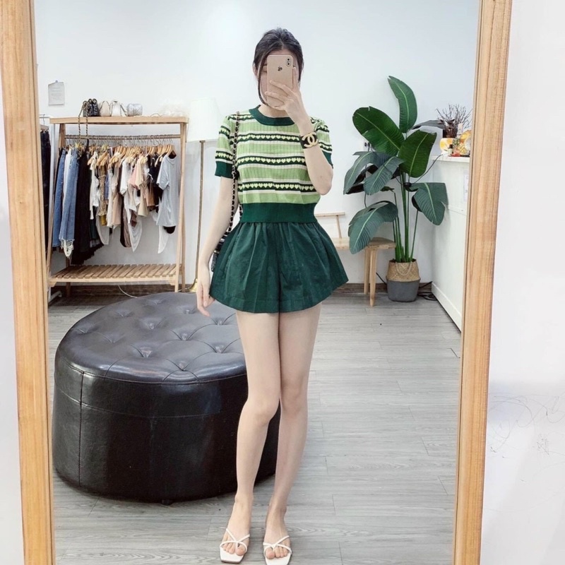 Áo len xanh hình tim dáng áo ngắn croptop, len mongtoghi nữ