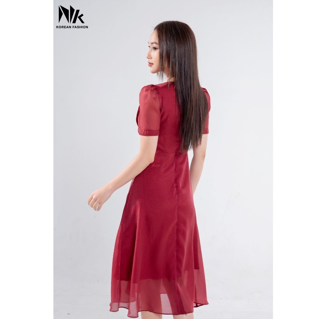Váy Thiết Kế Nữ Dáng Xòe NK FASHION Thiết Kế Cổ Tròn Thêu Dập Ngực, Vải Hàn Cao Cấp NKDV2201004