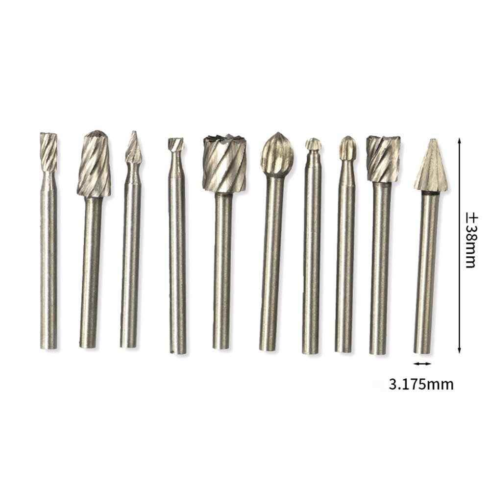 10pcs 3.175mm Shank HSS Solid Carbide Rotary Files Diamond Burrs Set Home Tool for Woodworking Carving Engraving