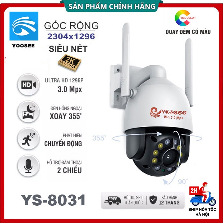 Camera WIFI Yoosee Ngoài Trời PTZ 2K [1296P] Siêu nét, góc rộng, Xoay 355°, Quay đêm có màu -Bảo Hành 12 Tháng (1 đổi 1)