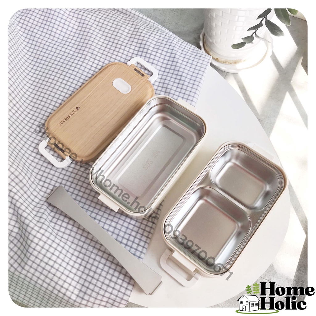 Hộp Lunch Box Đựng Cơm Trưa/ Đựng Đồ Ăn Văn Phòng Hai Tầng Wooden 2L