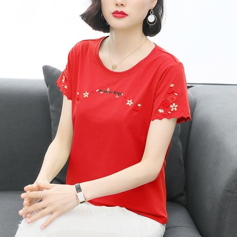 Áo Thun cotton Cổ Tròn Dáng Rộng Thêu Họa Tiết Đơn Giản Thời Trang Mùa Hè Cho Nữ Trung Niên