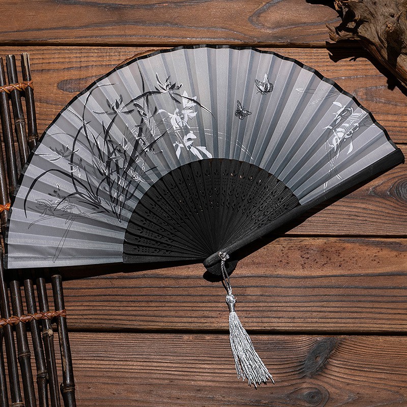 Quạt cổ trang Xám Đào dây tuyến cổ đại quạt xếp cầm tay phong cách Trung Quốc phong cách cổ điển