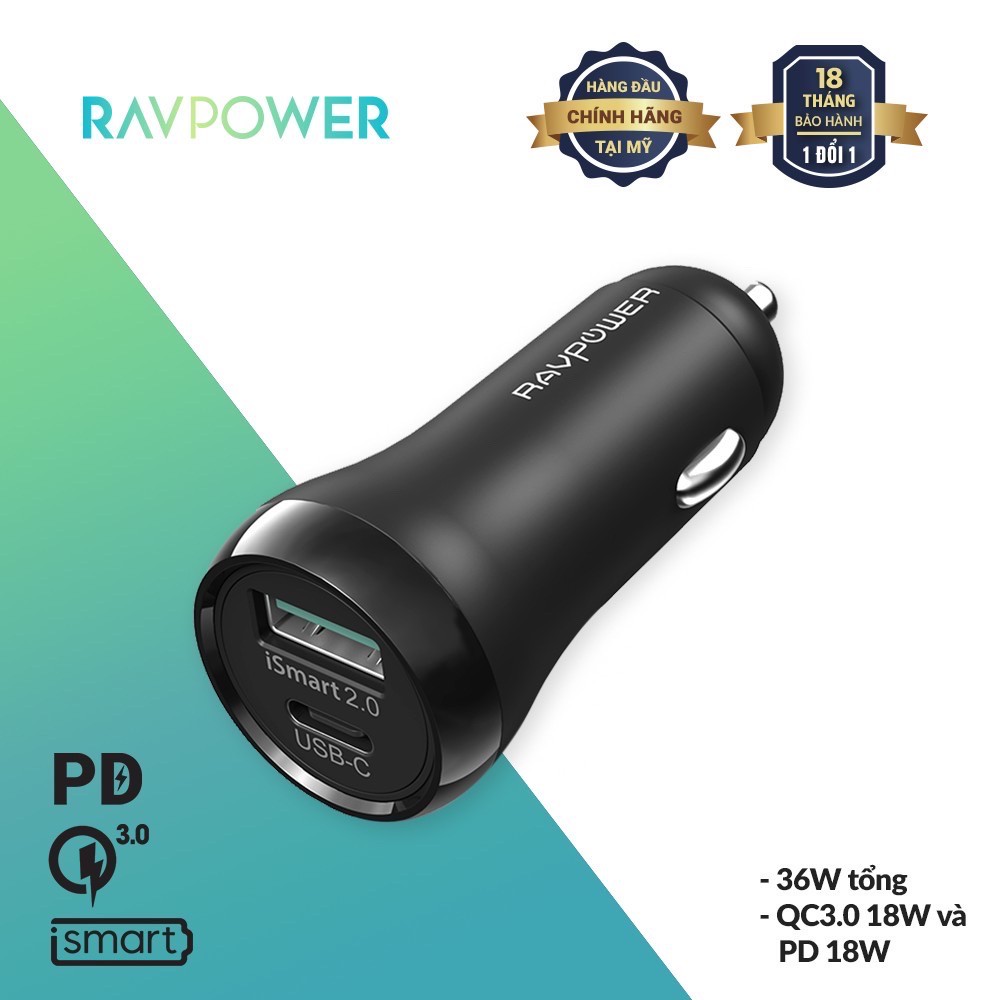 Tẩu sạc ôtô cho iP, S10, S9, Note 9 RAVPOWER RP-PC0 91 36W - 02 cổng (1 USB-C PD 18W &amp; 1 USB-A QC 3.0 18W)