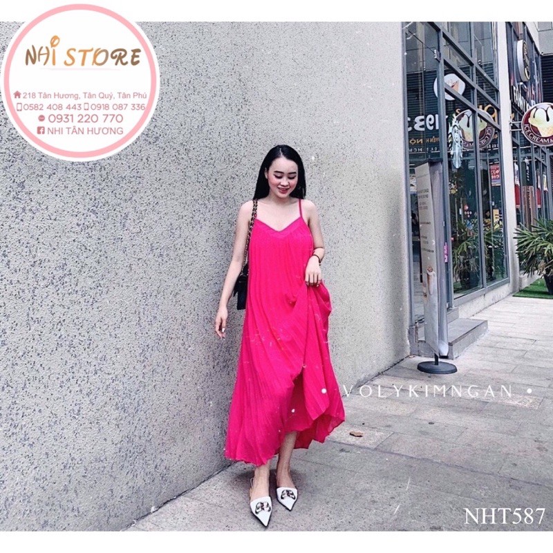 [FREESHIP 50K] Đầm Maxi Hai Dây Dập Li Rẻ Quạt Vải Chiffon NHISTORE Freesize Dưới 60kg