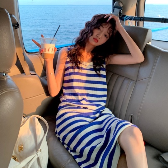 Đầm dệt kim ZHELIHANGFEI không tay họa tiết kẻ sọc thời trang cho nữ