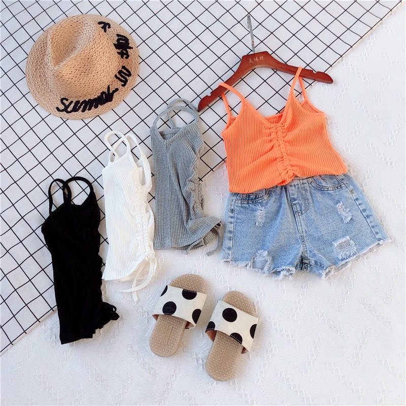 Áo tank top hai dây cổ chữ v xếp ly phối dây rút thời trang cho bé gái