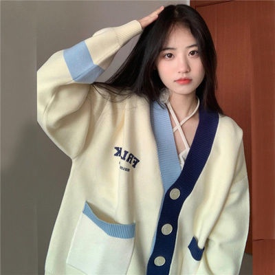 Hàng Sẵn_ Áo khoác cardigan len dệt kim phối màu mềm mại