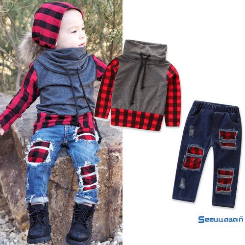 Set Áo Sơ Mi Ca Rô Dài Tay Cổ Bẻ+Quần Jeans Dài Cho Bé Trai