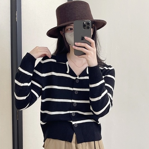 【ZHELIHANGFEI】Áo Cardigan Dệt Kim Dáng Rộng Họa Tiết Kẻ Sọc Dễ Phối Đồ