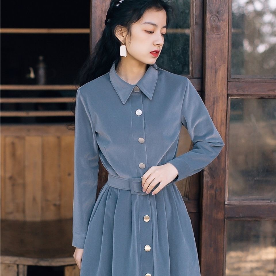 Đầm nhung dáng dài nhấn eo thiết kế cài nút phong cách cổ điển thời trang xuân thu cho nữ
