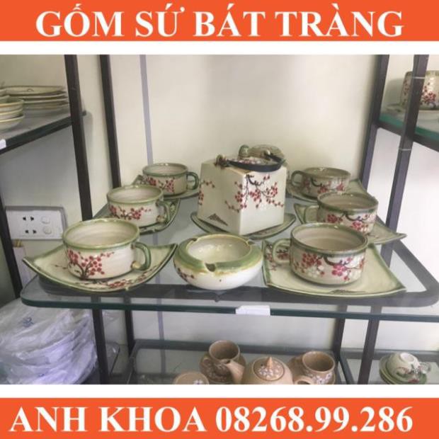 Ấm chén hoa đào to dáng vuông in logo Bát Tràng - Gốm sứ Bát Tràng Anh Khoa