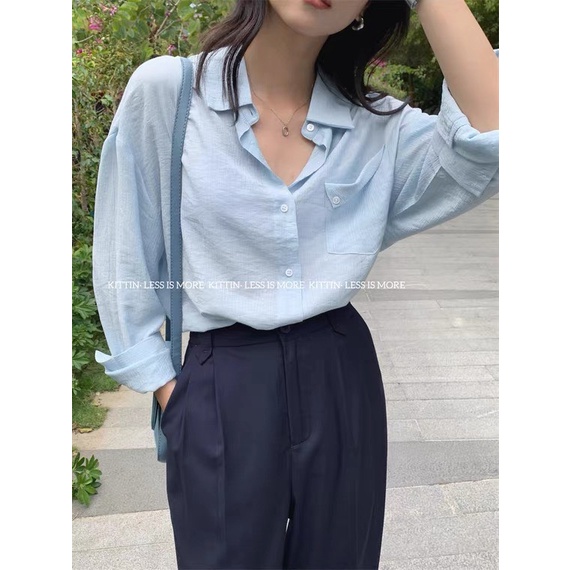 Áo sơ mi nữ dài tay túi lệch vải đũi nhăn màu Hàn Quốc