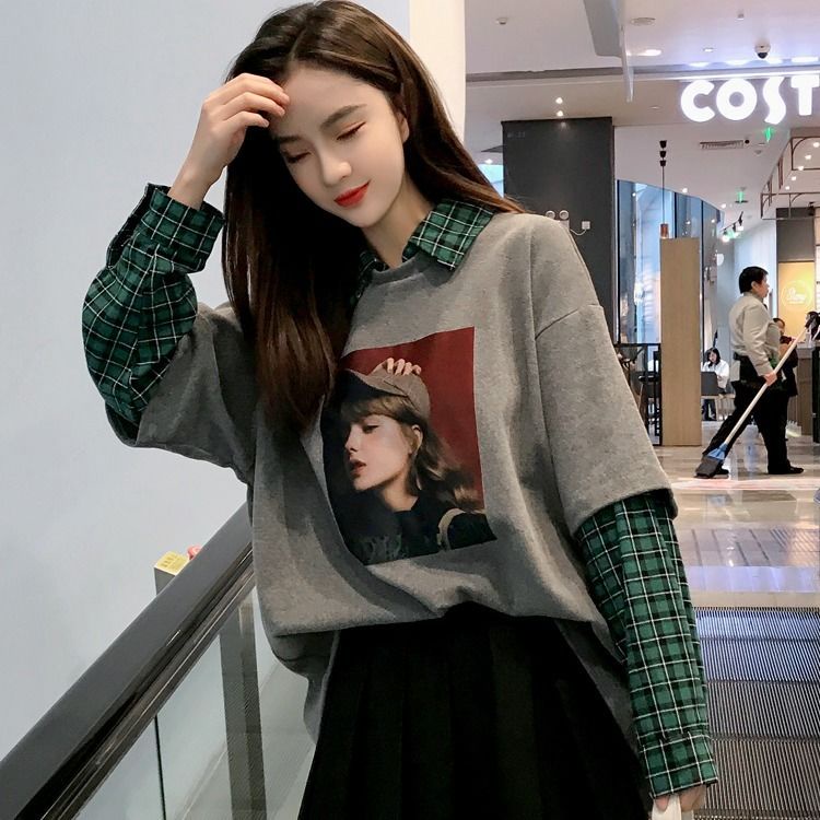 Áo Hoodie Dài Tay Giả Hai Lớp Mới Cho Nữ