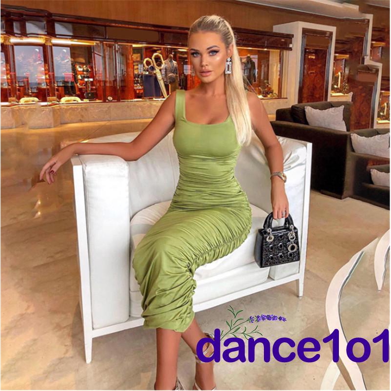 ✯☽Women Long Folds Sleeveless Solid Color Slim Fit Sexy Backless Evening Dress