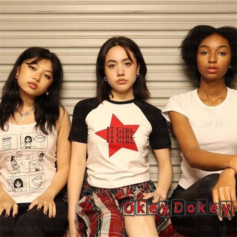 Áo Thun Crop Top Tay Ngắn Cổ Tròn In Chữ Và Ngôi Sao Màu Tương Phản Thời Trang Cho Bạn Gái