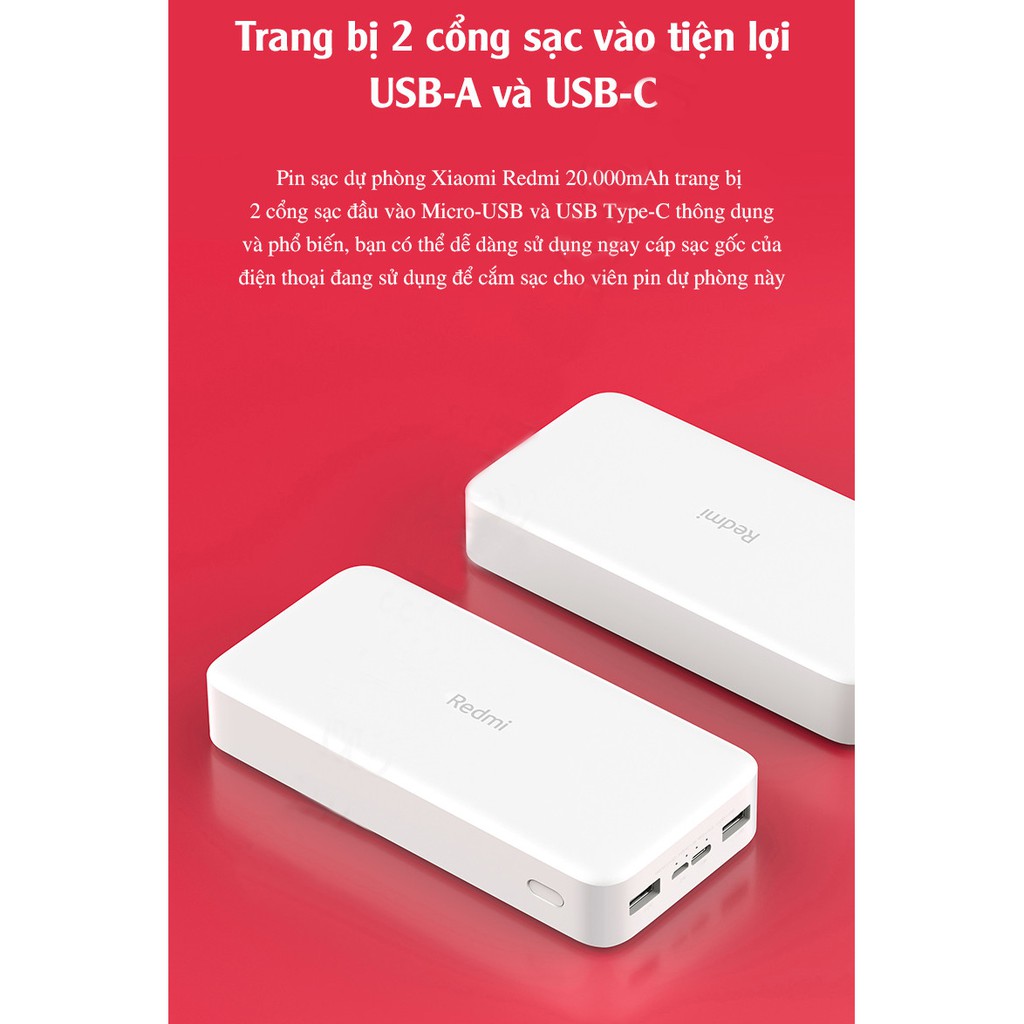 Pin dự phòng Redmi 20000 mAh , Pin sạc dự phòng chính hãng Xiaomi Sạc nhanh 18W trên 2 cổng vào và 2 cổng ra