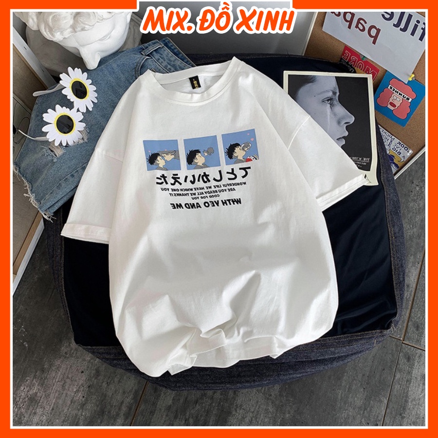 Áo thun nam nữ unisex form rộng tay lỡ Thu Hà chất liệu mềm mát co giãn in chữ With Yeo And Me