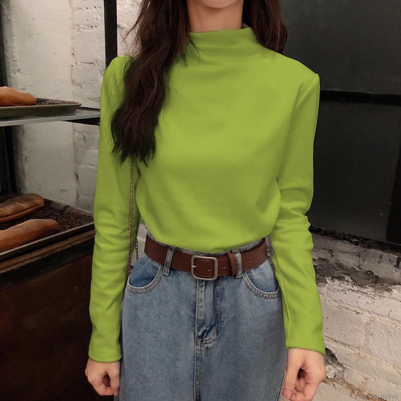 Áo Thun Cổ Lọ Màu Trơn Thiết Kế Tôn Dáng Dành Cho Nữ