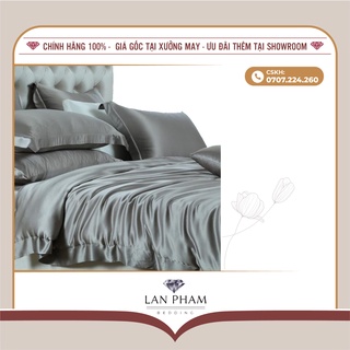 Bộ vỏ chăn ga gối phi lụa 5 món cao cấp mát lạnhlan bedding màu xám ghi