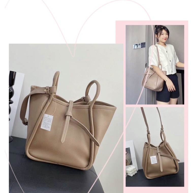TNS-Túi bucket xách tay  leather bucket bag--tone nâu tỉramisu sang trọng